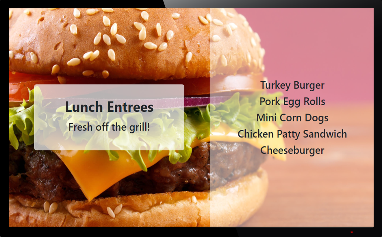Digital Menu Board Screenshot Showing Cheeseburger for School Lunch With Menu Text