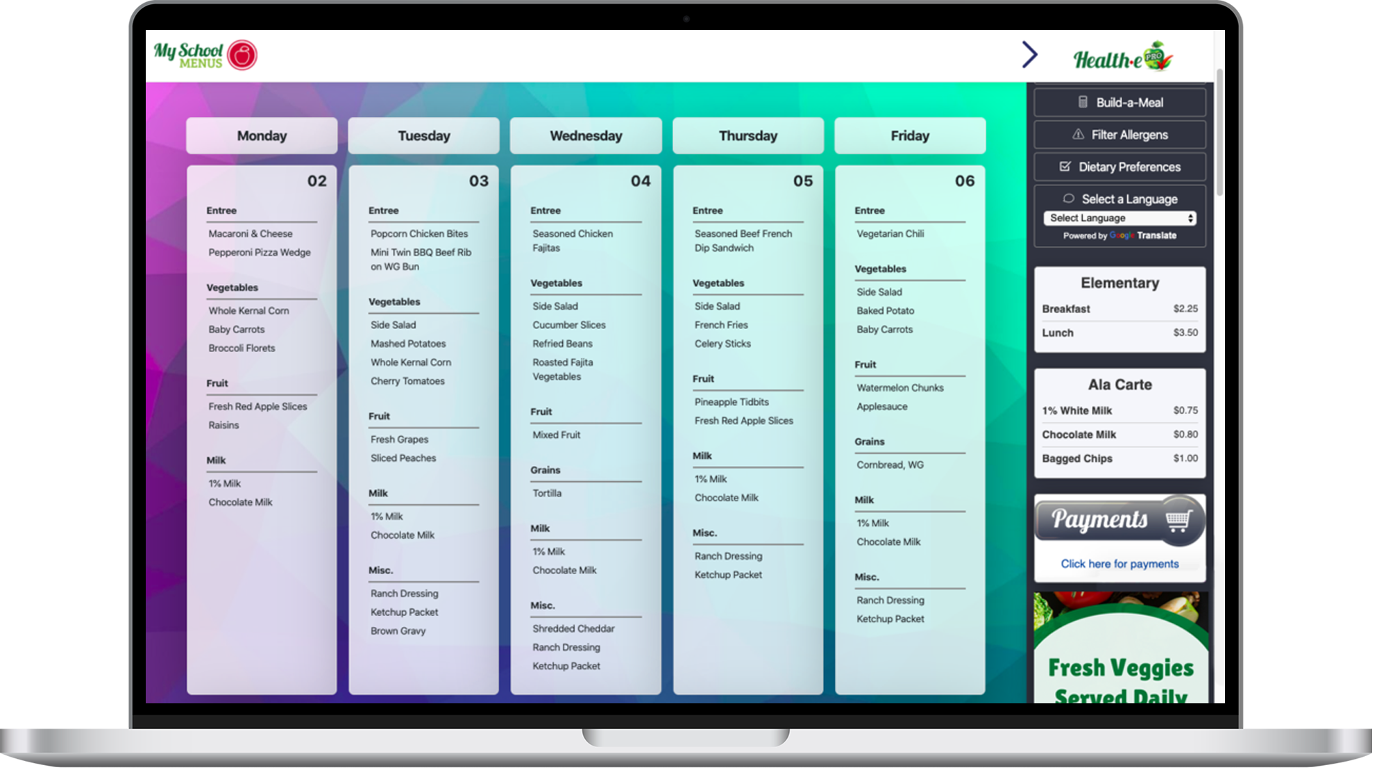 Desktop with Health-e Meal planner screenshot