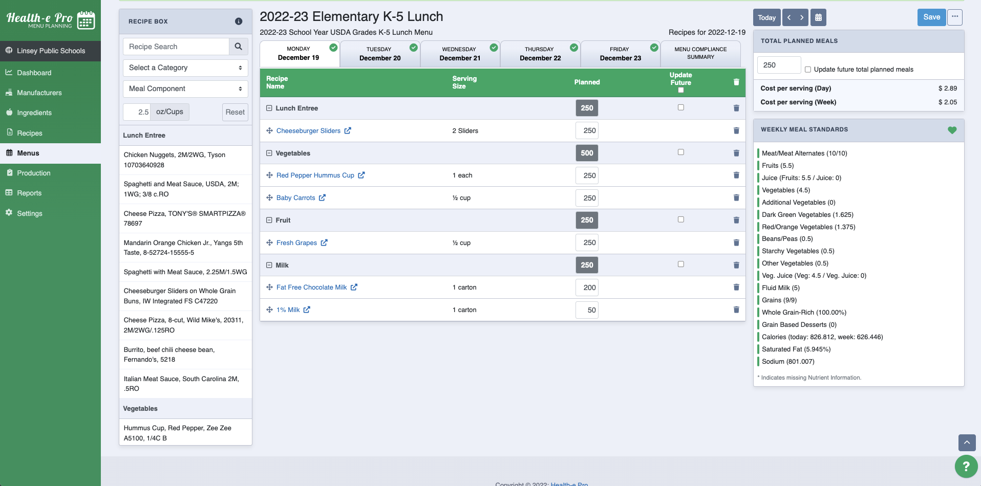 Health-e Pro Menu Planning