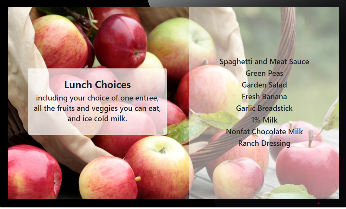 Apple Digital Menu Boards Digital Menu Board Screenshot Showing Cheeseburger for School Lunch With Menu Text