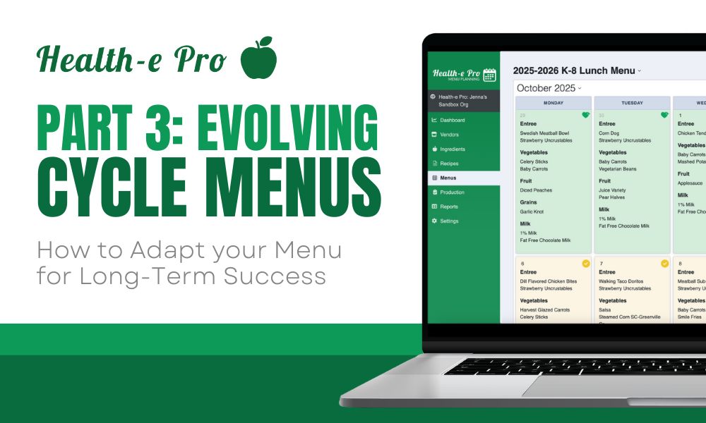Evolving Cycle Menus Blog Post Header with text that says How to Adapt Your School Nutrition Cycle Menu for Long-Term Success