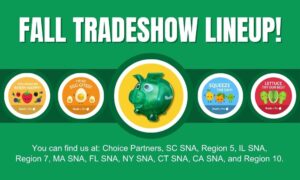 Health-e Pro Fall 2025 Tradeshow Lineup graphic featuring a green piggy bank and food pun stickers with show locations listed below.
