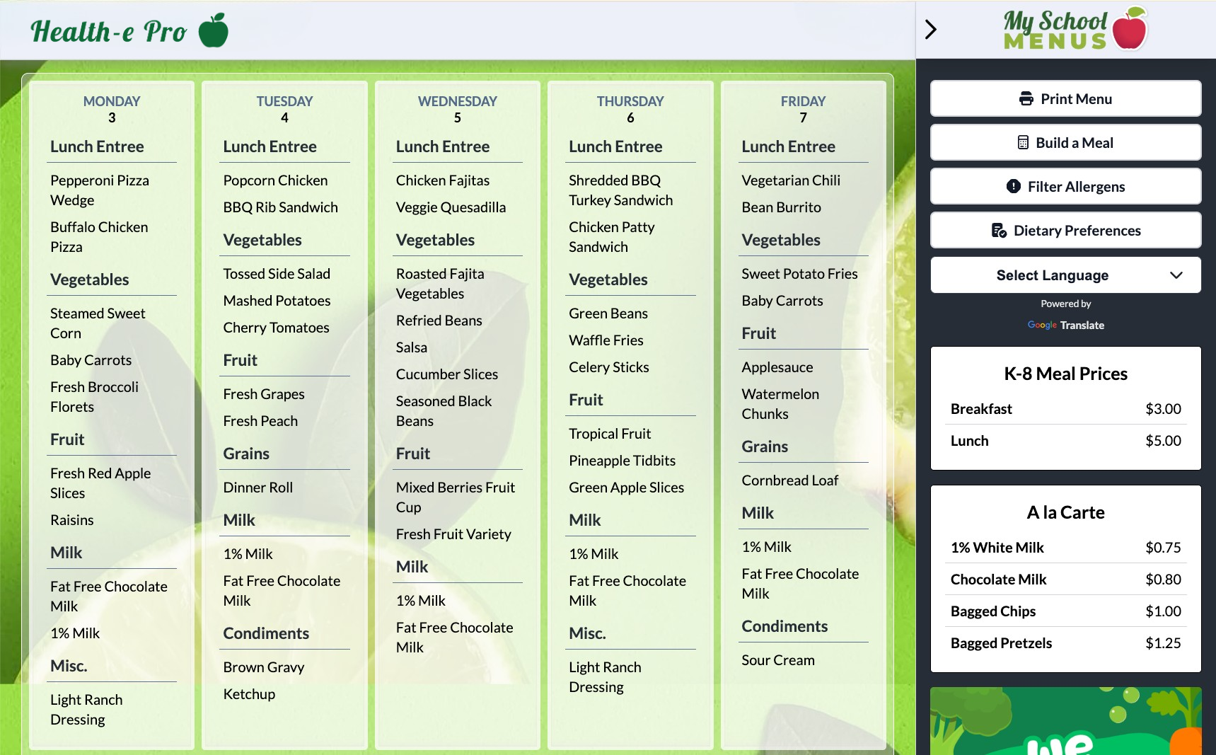 Screenshot for front of website