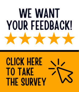 We want your feedback image, with 5 yellow stars. Text that says click here to take the survey.