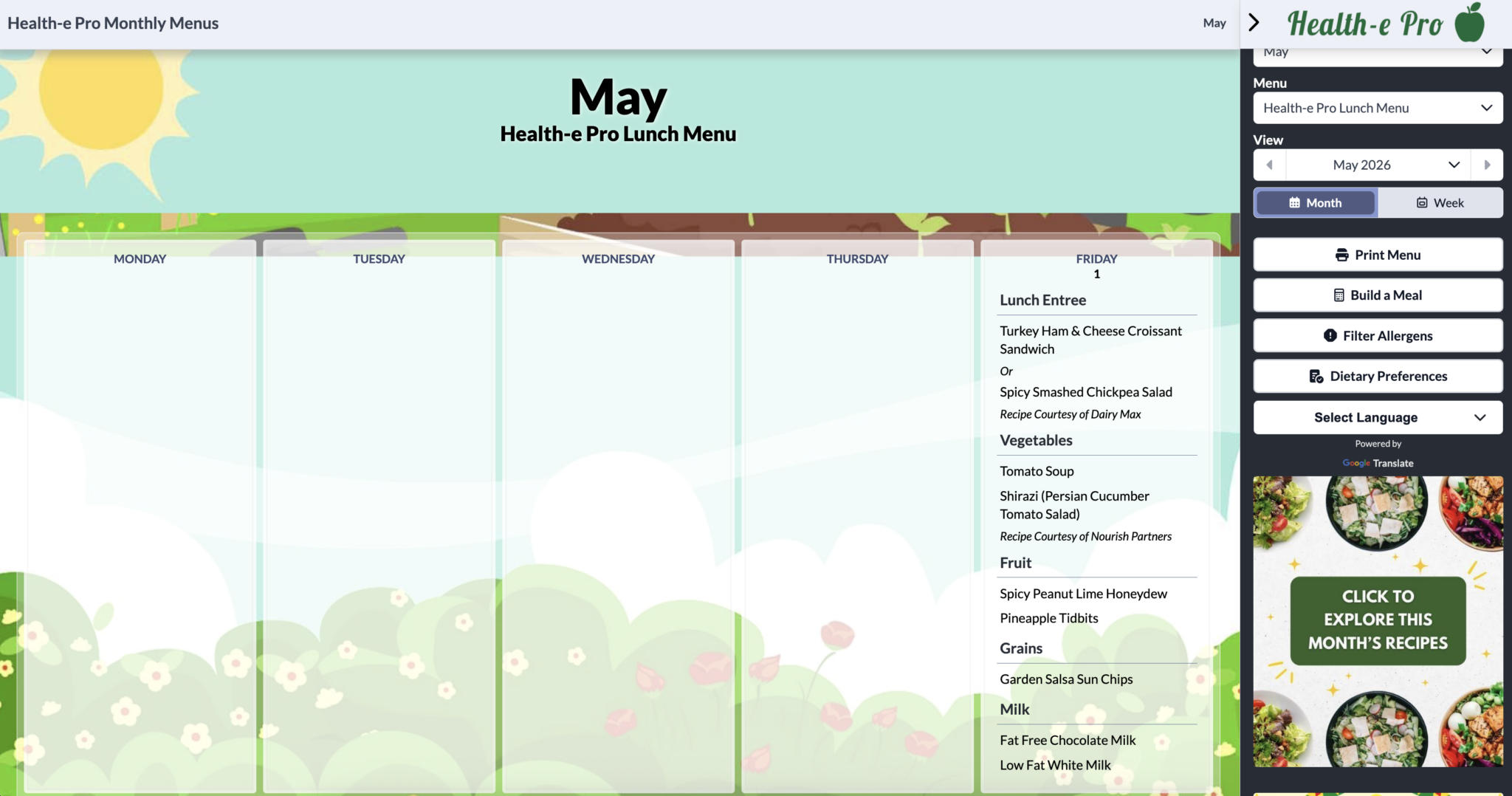 Health-e Pro's 5,000+ recipe database shown on a laptop screen with searchable K-12 school nutrition recipes.