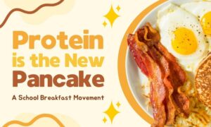 Blog header reading ‘Protein is the New Pancake - A School Breakfast Movement’ with a breakfast plate of eggs, bacon, and pancakes.