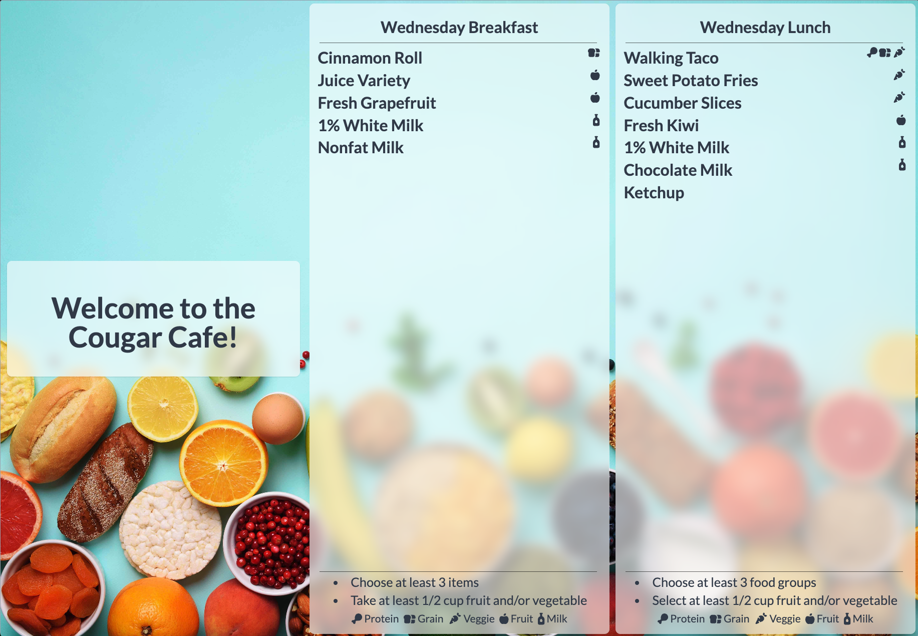 Image of Health-e Pro's menu publishing cards showing Wednesday breakfast and lunch options with a welcome message for the Cougar Cafe.