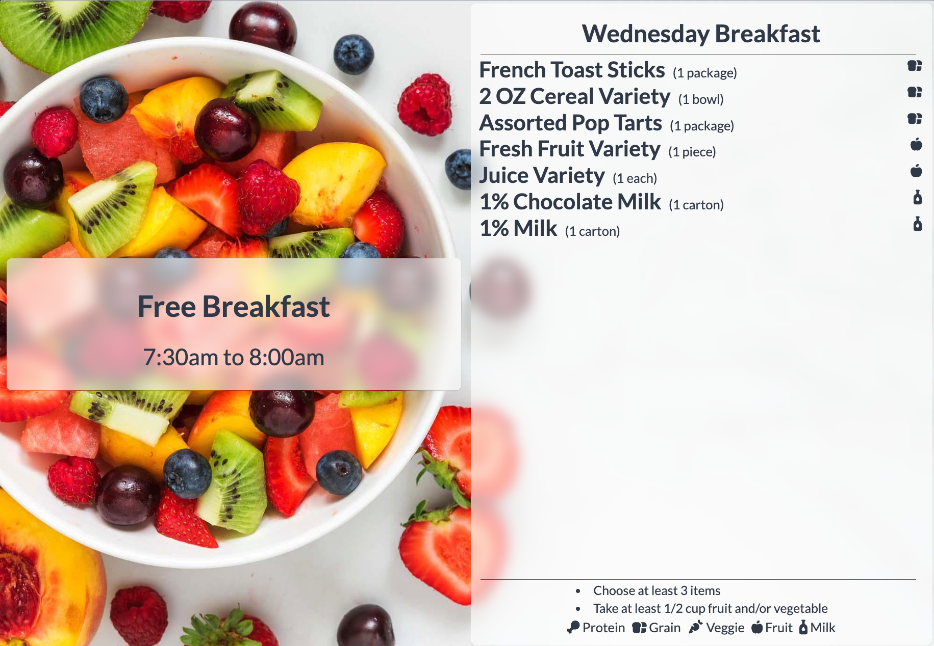 Digital signage for school nutrition programs displaying lunch entrées like turkey burger and cheeseburger