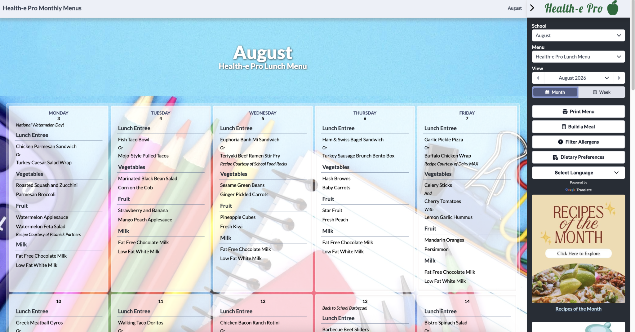 August Monthly Menu Calendar