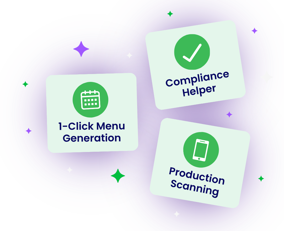 Health-e Pro's 5,000+ recipe database shown on a laptop screen with searchable K-12 school nutrition recipes.