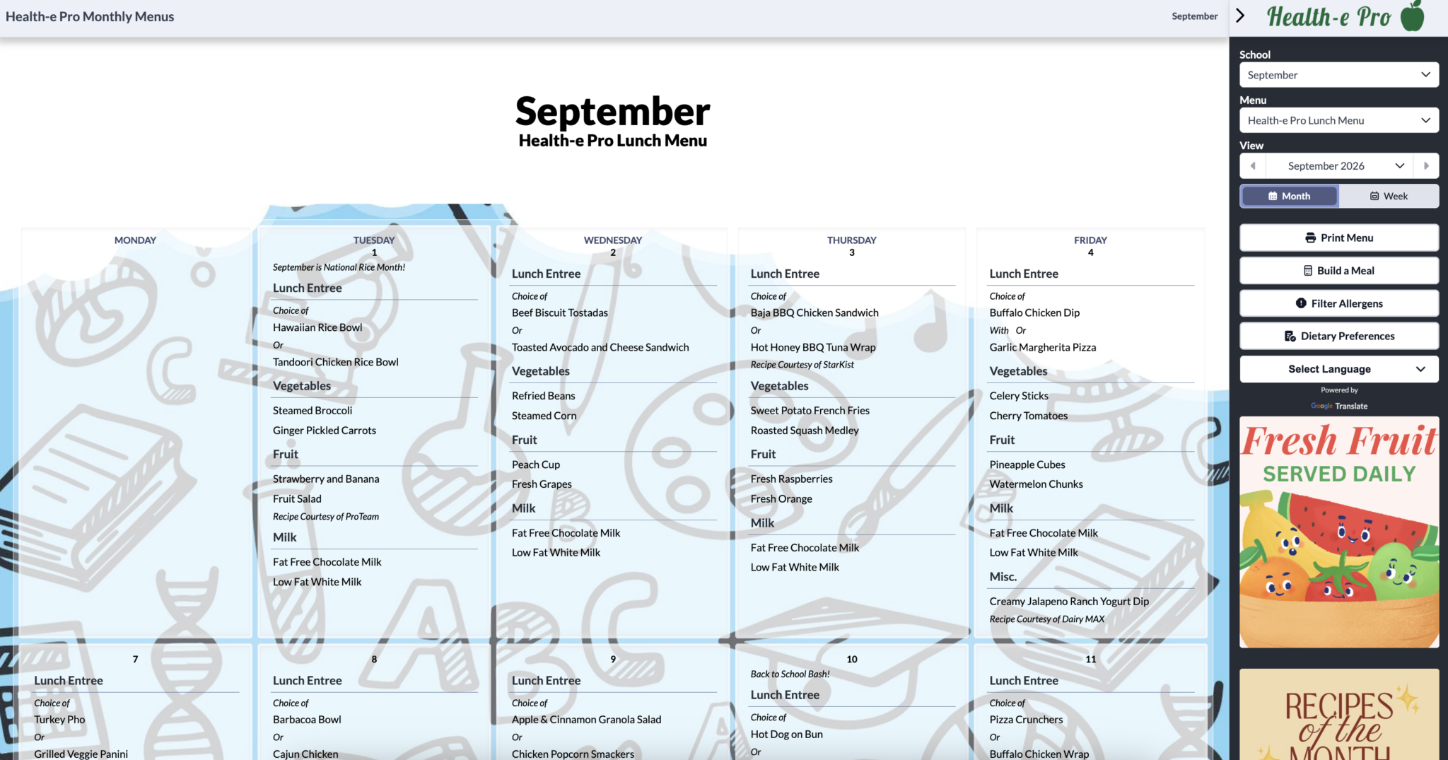 September Monthly Menu