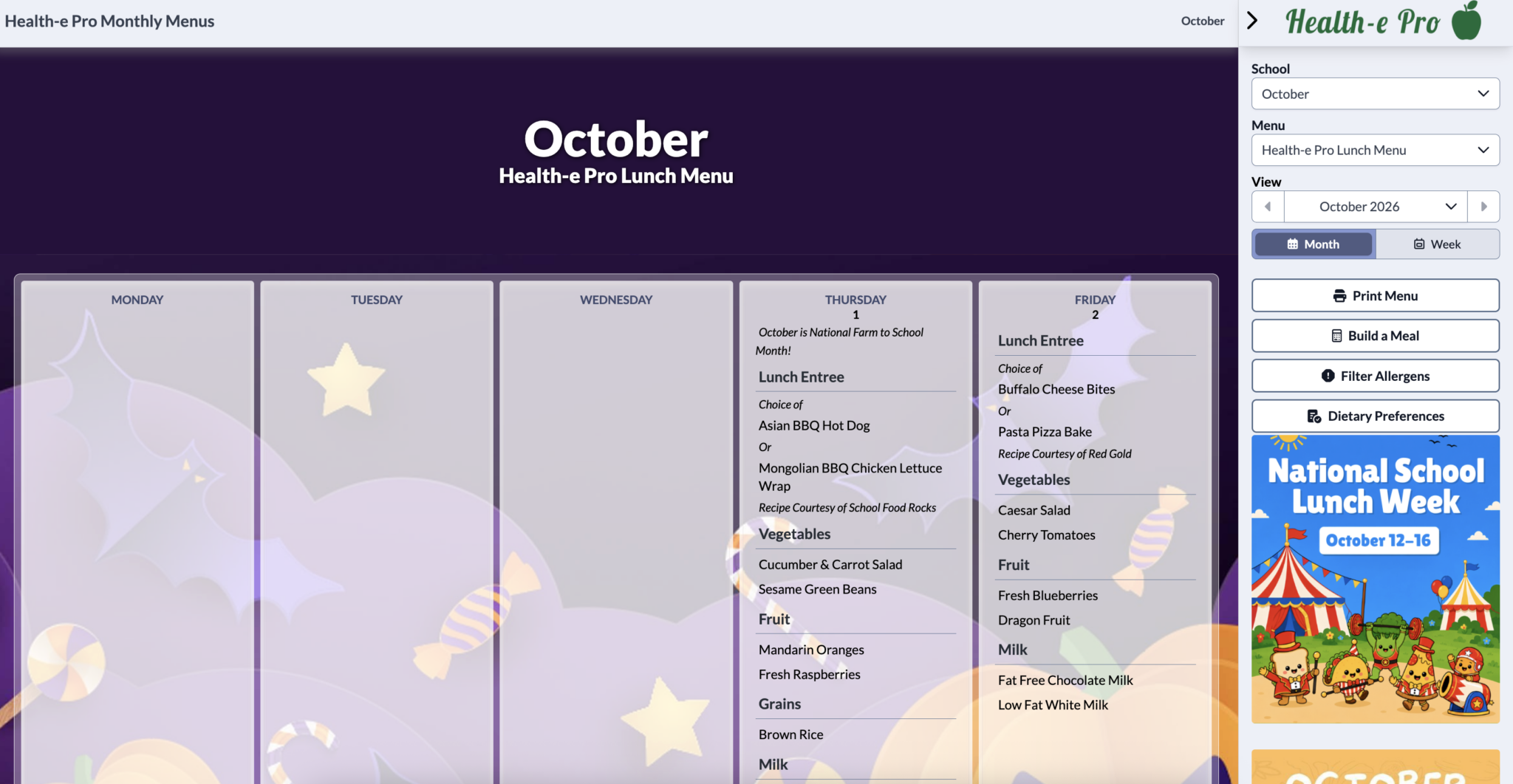 August Monthly Menu Calendar