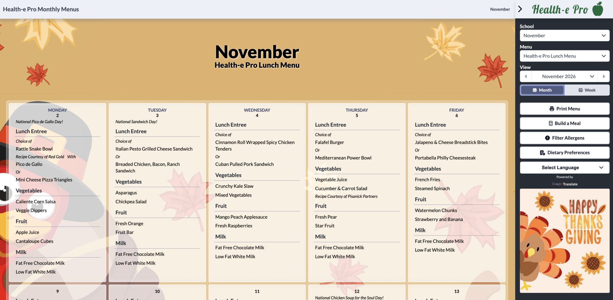 November Monthly Menu