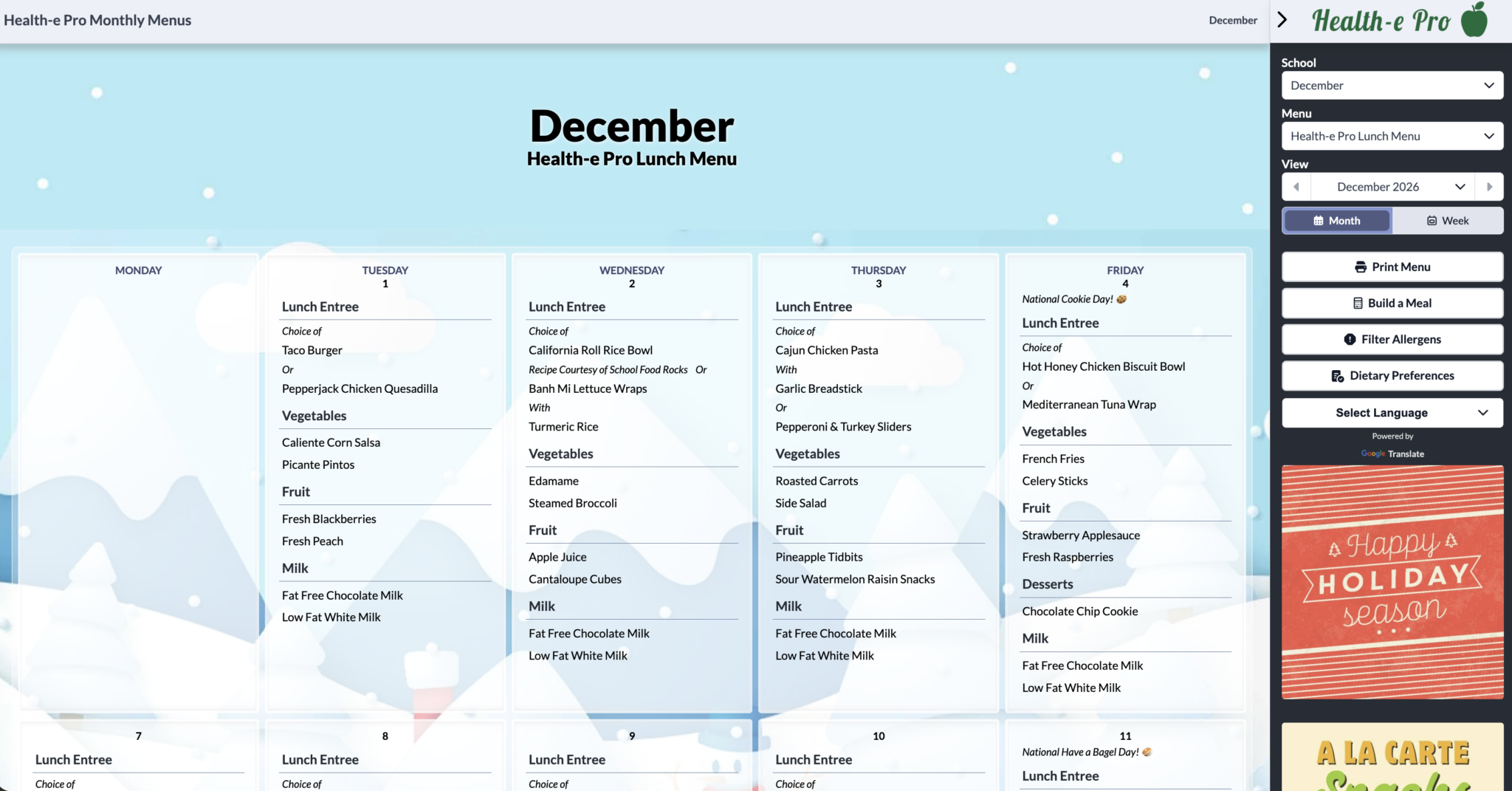 November Monthly Menu