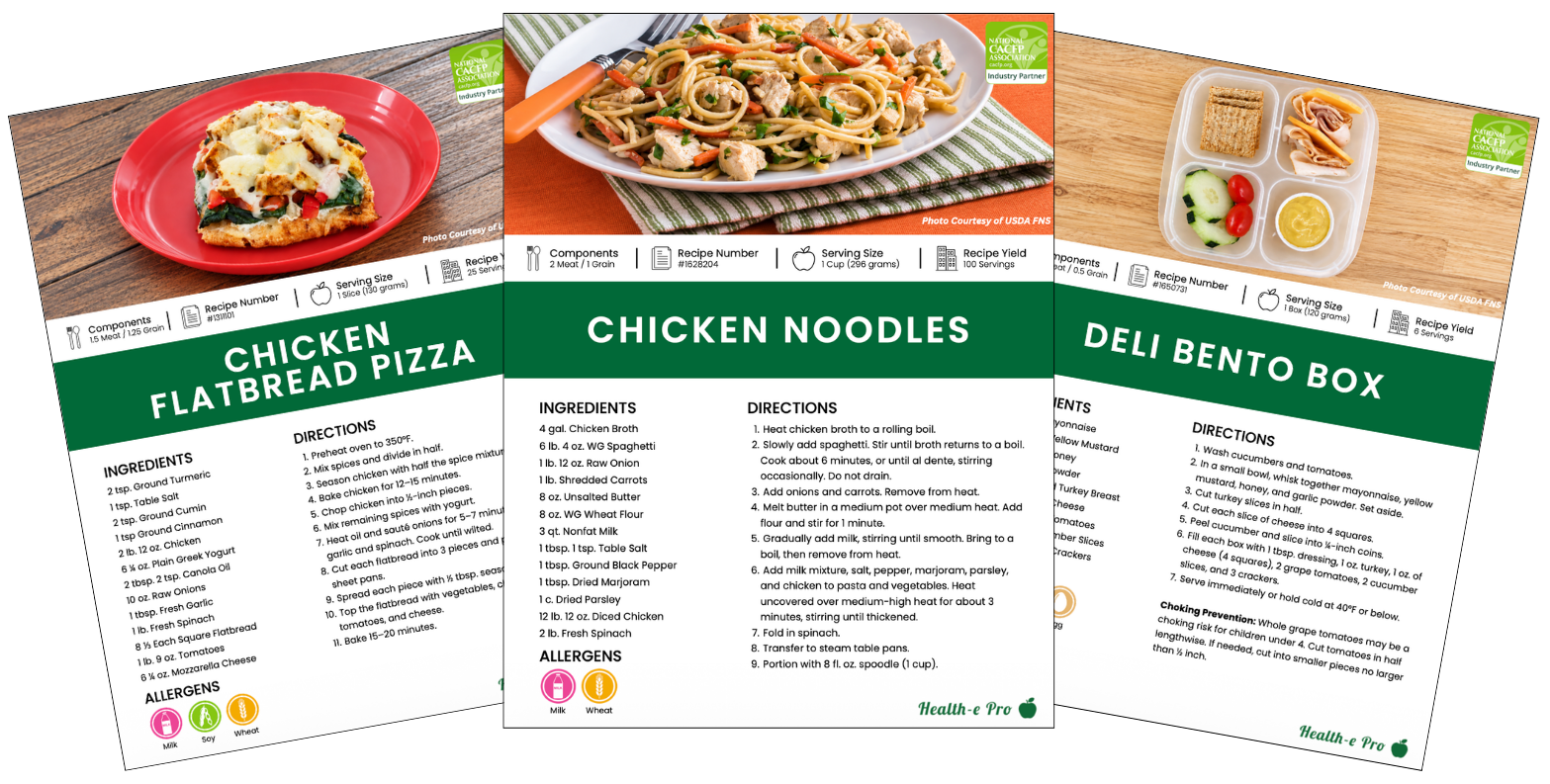 Health-e Pro's lunch recipe PDF downloads featuring Southwest Chicken Salad, Meatball Marinara Pizza, and Italian Pasta Salad